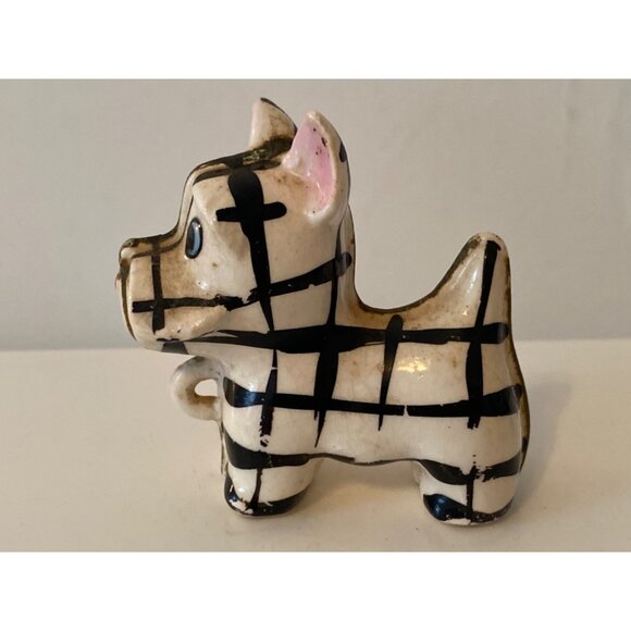Scottie Terrier Dog Black White Plaid Puppy Porcelain Figurine Vintage - Picture 3 of 9